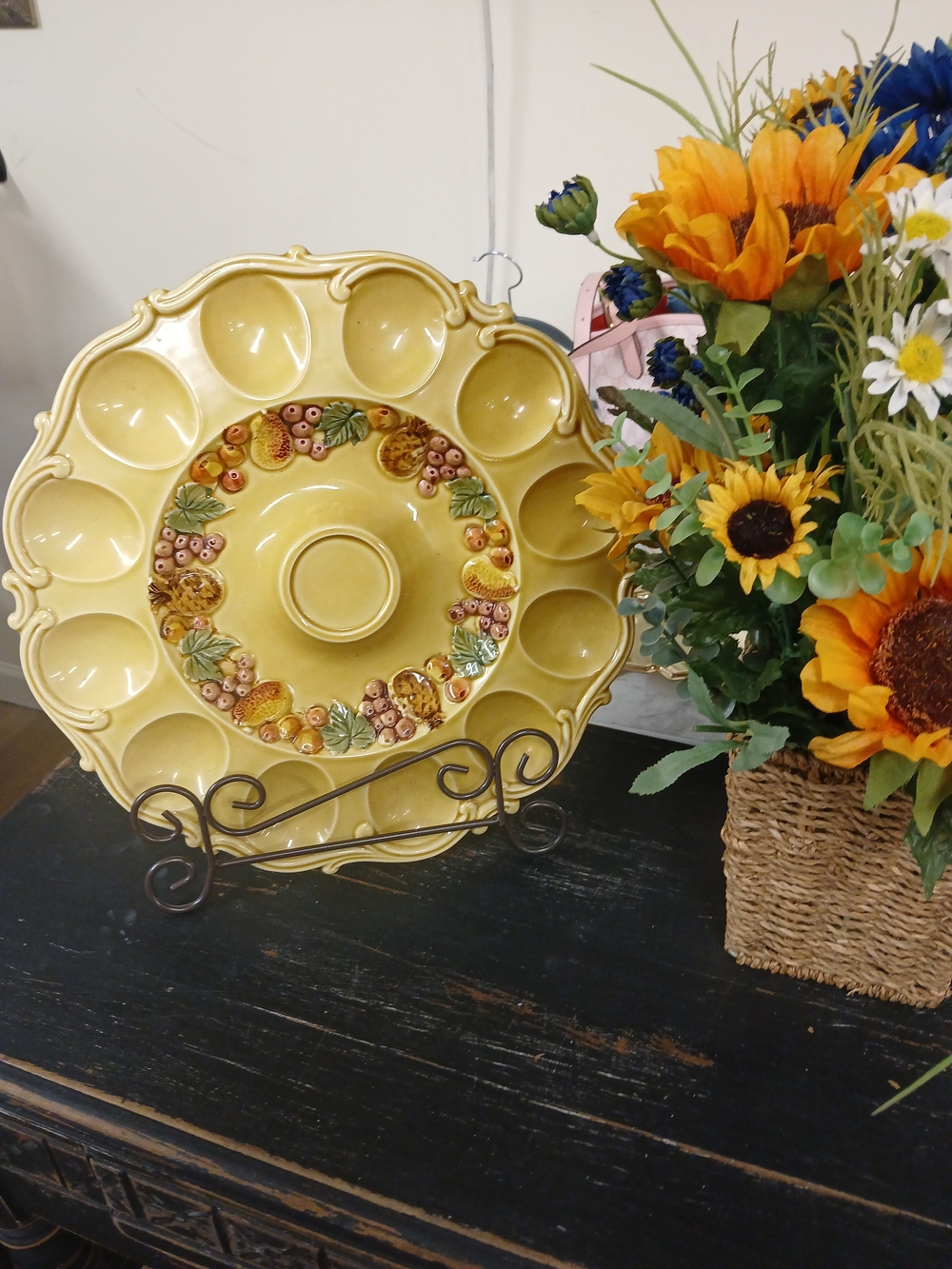 Lefton Yellow Ceramic Deviled Egg Tray with Fruit Garland